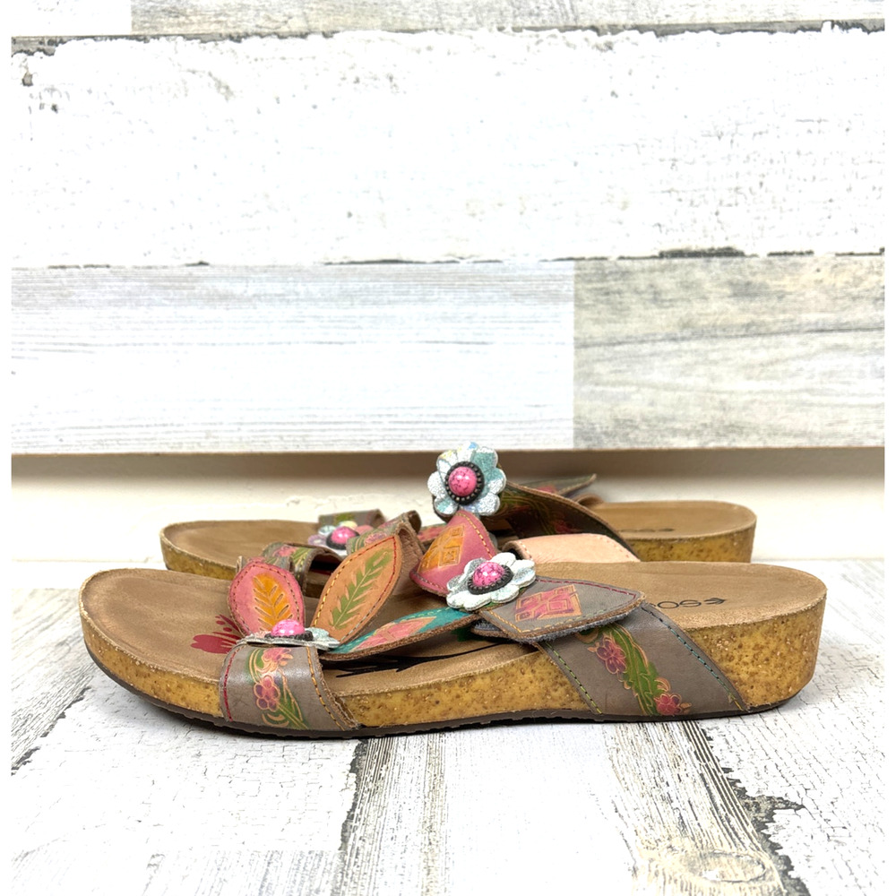 SOCOFY Womens 10 Multi Floral Handmade Genuine Leather Wedge Sandal Slip-On